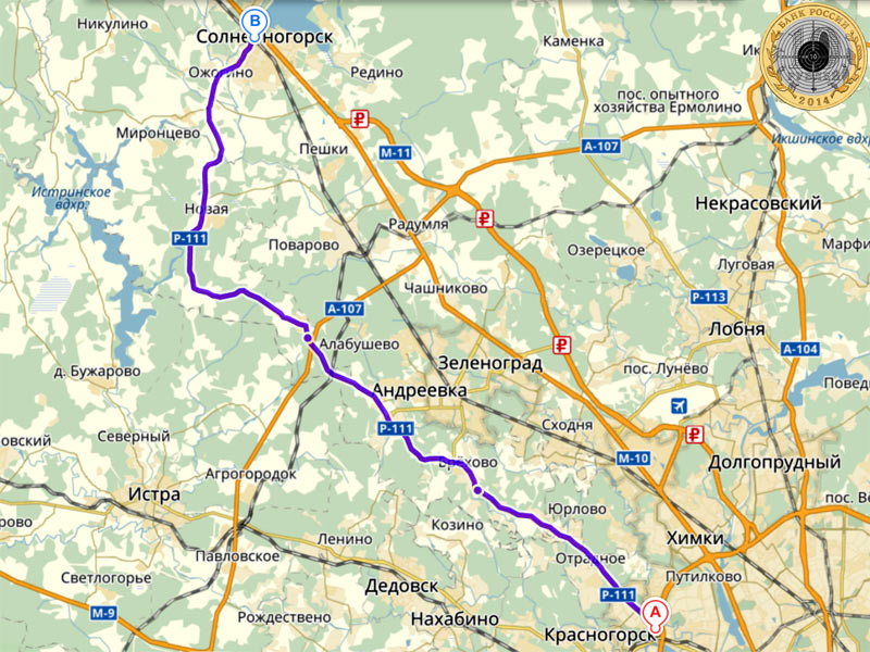 Пятницкое шоссе на Яндекс-Карте - как проехать на своем автомобиле от Москвы до Солнечногорска через Митино и Юрлово, Брехово и Баранцево?